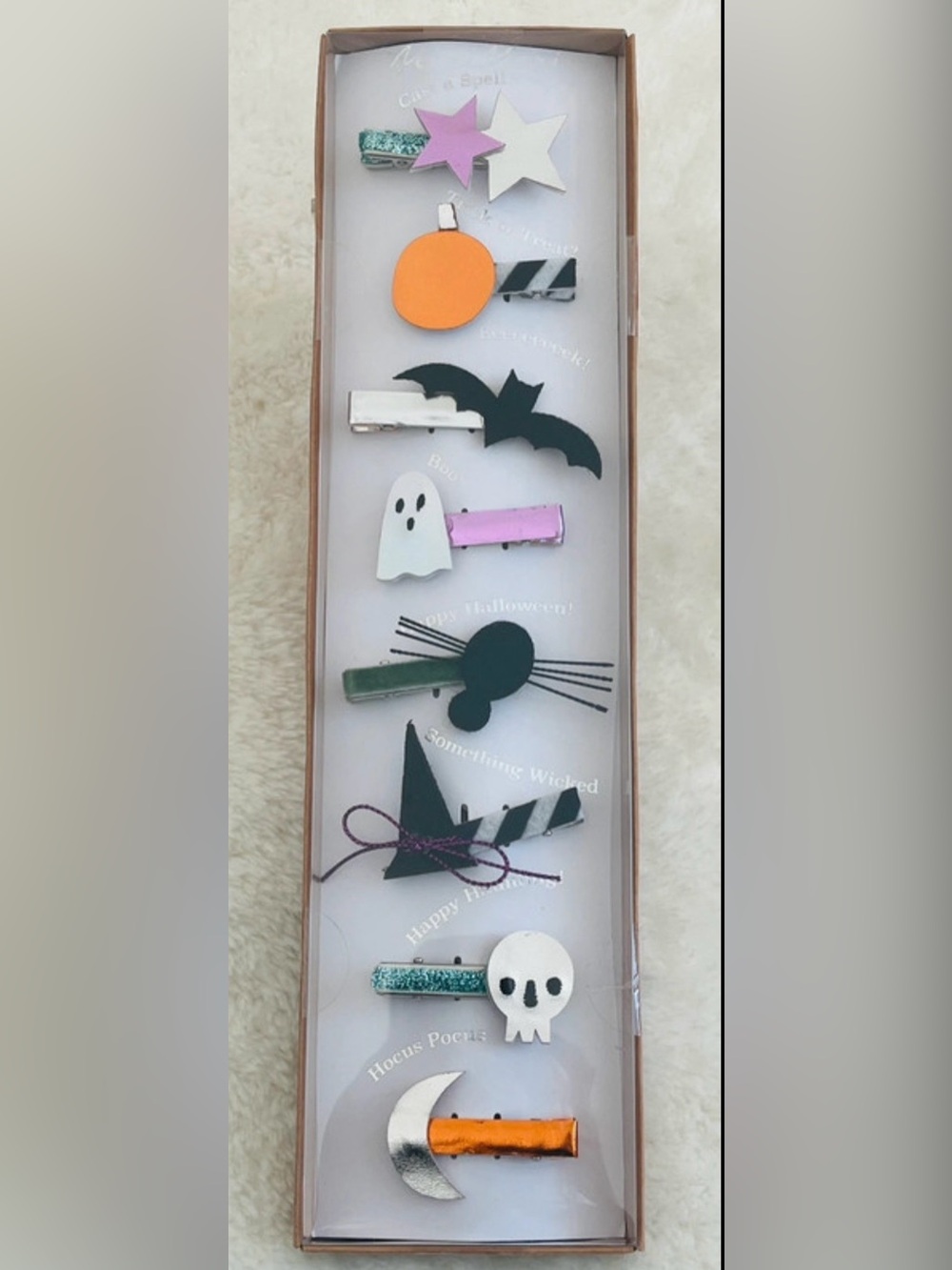 Meri Meri Halloween Hair Clips 8 Piece Witch Bat Pumpkin Ghost Set- New